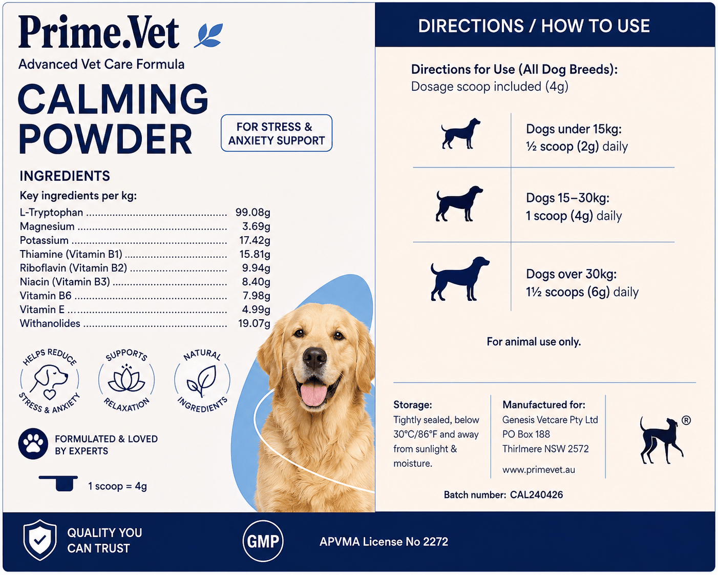 PrimeVet™ Dog Calming Powder 150 grams